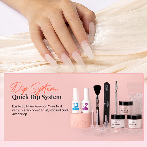 Beetles Dip Powder Nail Kit with Nail Glue Gel Base Top Brush Saver Recycling Tray False Nail Tips for Dip Powder, Clear White Pink Dipping Powder Color for DIY Salon Nail Art Repair Manicure