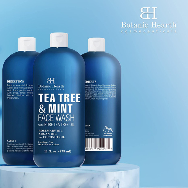 Botanic Hearth Tea Tree Face Wash with Mint - Acne Fighting, Therapeutic, Hydrating Liquid Face Soap with Pure Tea Tree Oil - for Women and Men, Paraben Free, Fights Acne - 16 fl oz