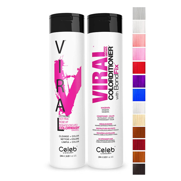 Celeb Luxury Viral Healthy Duo Color Depositing Colorwash Shampoo & Colorditioner Conditioner + BondFix Bond Rebuilder, Vegan, Sustainably Sourced Plant-Based, Magenta