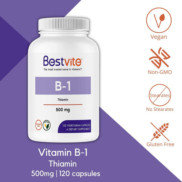 Vitamin B-1 (Thiamin) 500mg (120 Vegetarian Capsules) - No Stearates - Vegan - No Calcium Carbonate - Non GMO - Gluten Free - No Silicon Dioxide