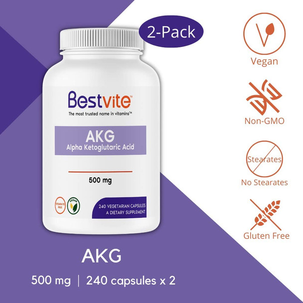 AKG (Alpha Ketoglutaric Acid) 500mg (480 Vegetarian Capsules) (240 x 2) - No Stearates - Vegan - Non GMO - Gluten Free - AKG Supplement