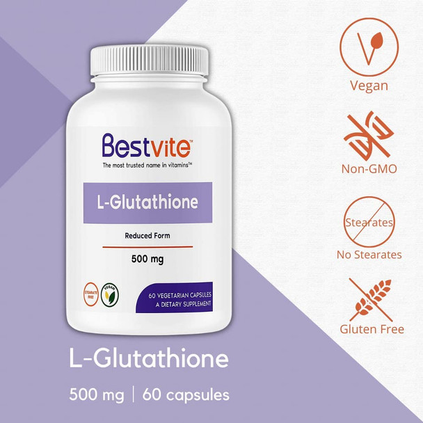 L-Glutathione 500mg (60 Vegetarian Capsules) - No Stearates - Vegan - Non GMO - Gluten Free