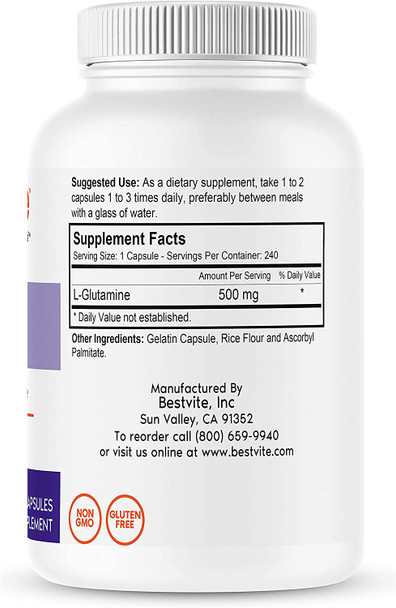 L-Glutamine 500mg per Capsule (240 Capsules) - No Dicalcium Phosphate - No Stearates - Non GMO - Gluten Free