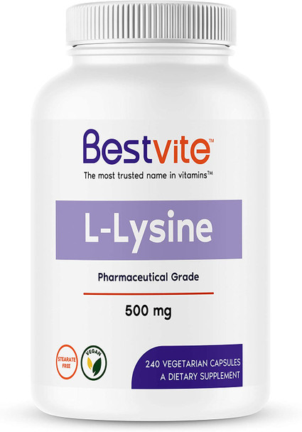 L-Lysine 500mg per Capsule (240 Vegetarian Capsules) - No Stearates - No Fillers - No Flow Agents - Vegan - Non GMO - Gluten Free - No Stearic Acid - No Dicalcium Phosphate