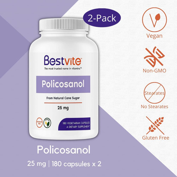 Policosanol 25mg (360 Vegetarian Capsules) (180 x 2) - No Stearates - No Flow Agents - Vegan - Non GMO - Gluten Free