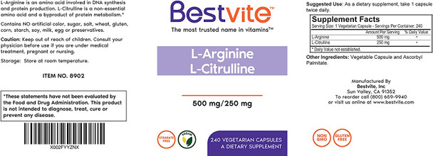 L-Arginine L-Citrulline 500mg / 250mg Vegan (240 Vegetarian Capsules) - No Stearates - No Dicalcium Phosphate - Non GMO - Gluten Free