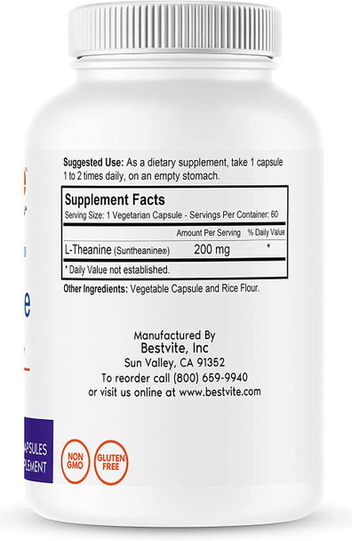 L-Theanine 200mg with Patented and Clinically Studied Suntheanine (60 Vegetarian Capsules) No Stearates - No Flow Agents L-Theanine 200mg with Patented and Clinically Studied Suntheanine (60 Vegetarian Capsules) No Stearates - No Flow Agents