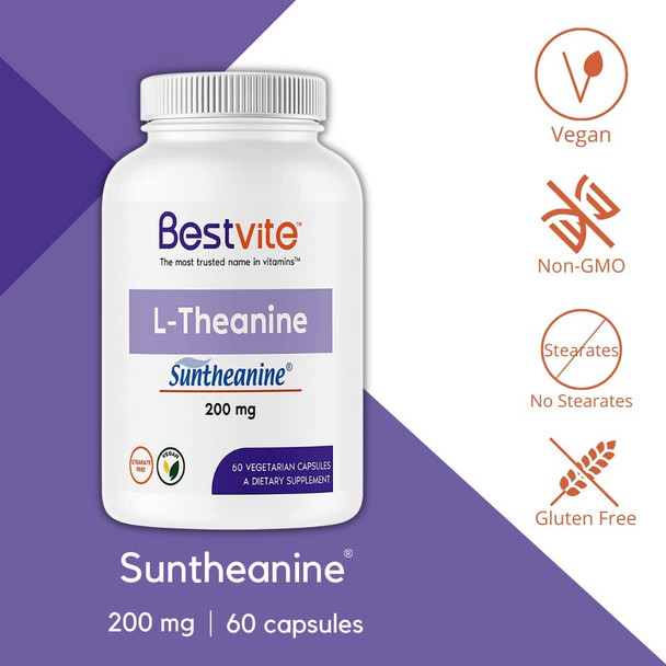 L-Theanine 200mg with Patented and Clinically Studied Suntheanine (60 Vegetarian Capsules) No Stearates - No Flow Agents L-Theanine 200mg with Patented and Clinically Studied Suntheanine (60 Vegetarian Capsules) No Stearates - No Flow Agents
