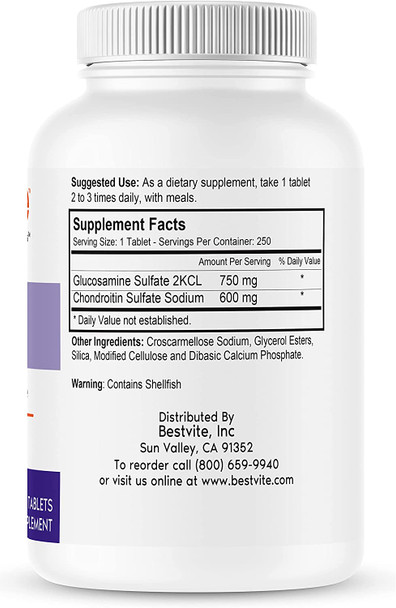 Glucosamine & Chondroitin Sulfate 750/600 Triple Strength (250 Tablets) - Joint Support - No Stearates - Gluten Free