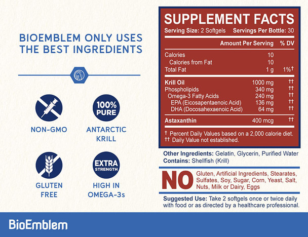 BioEmblem Antarctic Krill Oil Supplement Turmeric Curcumin with Clinically Studied TurmiPure - Joint Support, Healthy Inflammation Turmeric Supplements