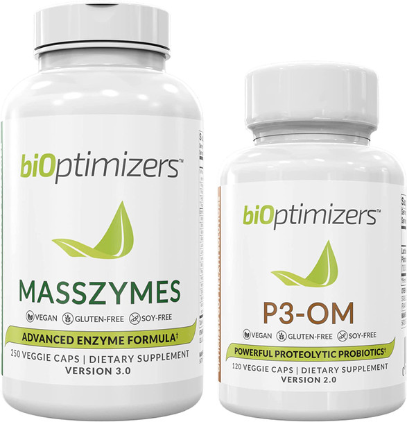 BiOptimizers - MassZymes Digestive Enzymes (250 Capsules) and P3-OM Probiotic & Prebiotic (60 Capsules) Supplement Bundle