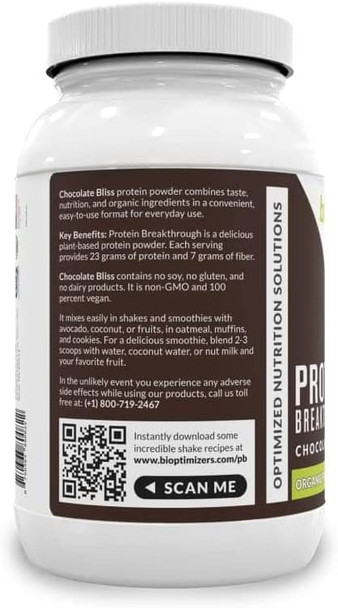 BiOptimizers Protein Breakthrough - Plant-Based Protein Blend (from Pea, Hemp, Pumpkin Seed) - Chocolate Flavor (907g) - Vegan, Low-carb, Low-glycemic, Soy-Free, Gluten-Free