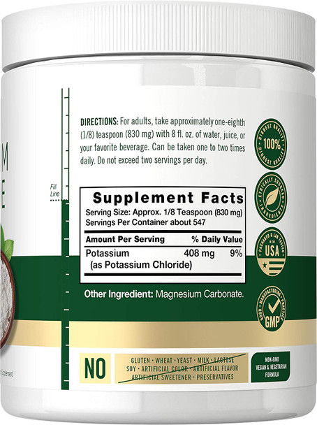 Potassium Chloride Powder Supplement 16 Oz | Food Grade | Salt Substitute | Vegan, Vegetarian, Non-Gmo, Gluten Free | By Carlyle