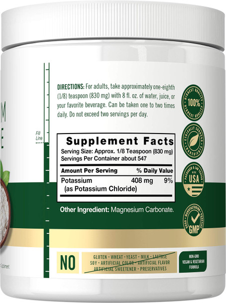 Potassium Chloride Powder Supplement 16 Oz | Food Grade | Salt Substitute | Vegan, Vegetarian, Non-Gmo, Gluten Free | By Carlyle