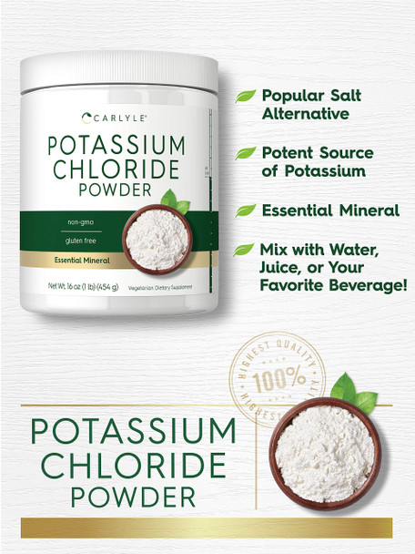 Potassium Chloride Powder Supplement 16 Oz | Food Grade | Salt Substitute | Vegan, Vegetarian, Non-Gmo, Gluten Free | By Carlyle