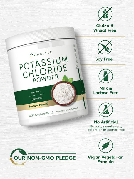 Potassium Chloride Powder Supplement 16 Oz | Food Grade | Salt Substitute | Vegan, Vegetarian, Non-Gmo, Gluten Free | By Carlyle