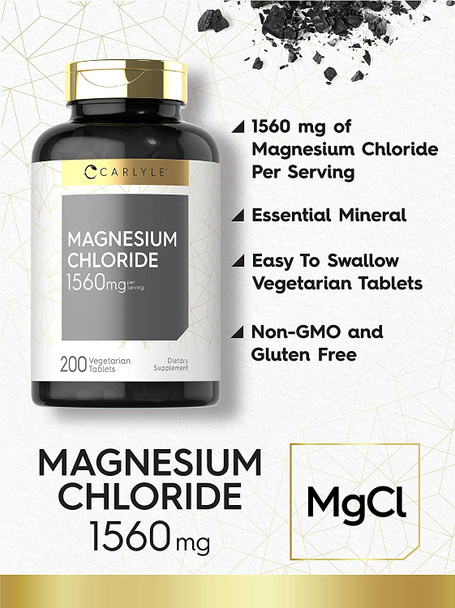 Magnesium Chloride | 1560mg | 200 Tablets | Cloruro de Magnesio Supplement | Vegetarian, Non-GMO, and Gluten Free Formula | by Carlyle