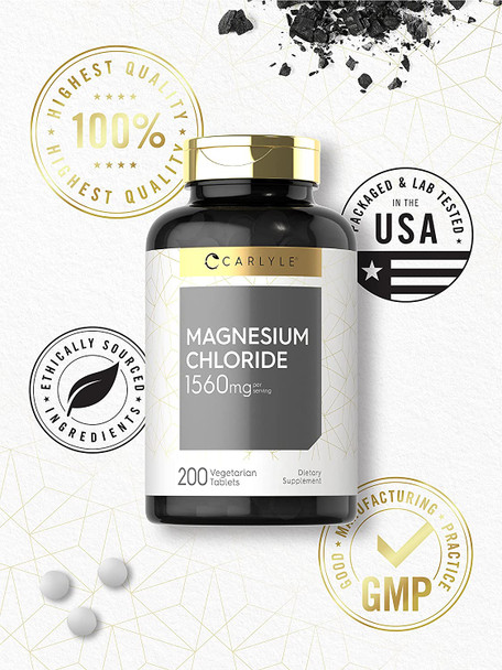 Magnesium Chloride | 1560mg | 200 Tablets | Cloruro de Magnesio Supplement | Vegetarian, Non-GMO, and Gluten Free Formula | by Carlyle