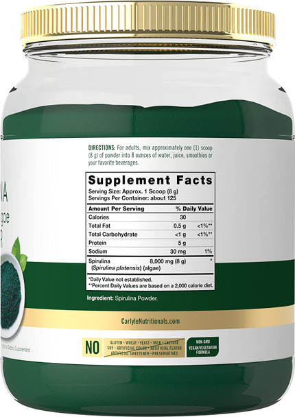 Spirulina Powder for Smoothies 2.2 lbs | Blue Green Algae | 8g Spirulina per Serving | Vegan, Non-GMO, Gluten Free Supplement | by Carlyle