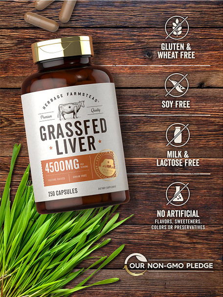 Grassfed Beef Liver Capsules 4500mg | 250 Count | Desiccated Supplement | Non-GMO, Gluten Free | by Herbage Farmstead