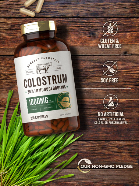 Colostrum Capsules | 1000Mg | 250 Count | 30% Igg | Non Gmo, Gluten Free Supplement | By Herbage Farmstead