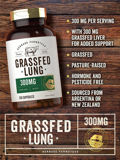 Grass Fed Lung Capsules 300 mg | 250 Pills | with Grass Fed Liver | Non-GMO, Gluten Free Supplement | by Herbage Farmstead