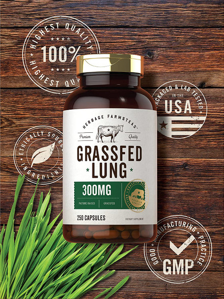 Grass Fed Lung Capsules 300 mg | 250 Pills | with Grass Fed Liver | Non-GMO, Gluten Free Supplement | by Herbage Farmstead