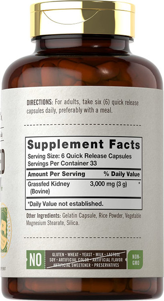 Grassfed Beef Kidney Capsules | 200 Count | 3000mg | Pasture Raised Desiccated Bovine Supplement | Hormone and Pesticide Free | Non-GMO, Gluten Free | by Herbage Farmstead