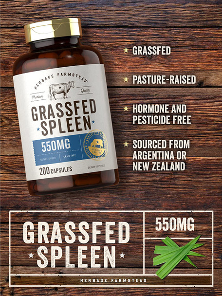 Grass Fed Beef Spleen 550mg | 200 Capsules | Desiccated Pasture Raised Bovine Supplement | Non-GMO, Gluten Free | by Herbage Farmstead