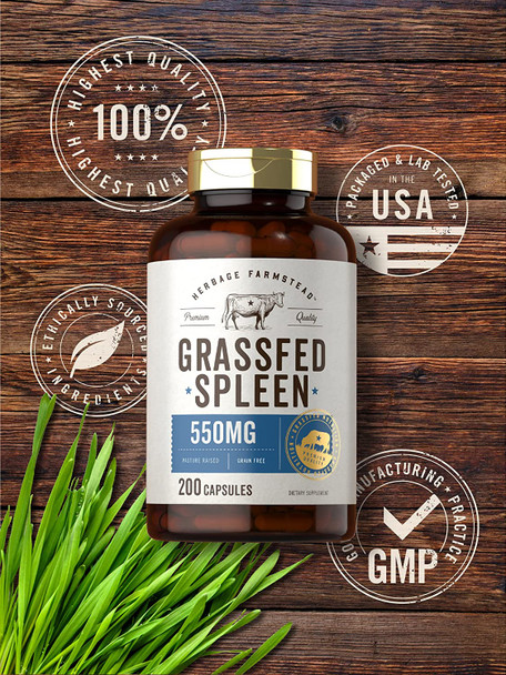 Grass Fed Beef Spleen 550mg | 200 Capsules | Desiccated Pasture Raised Bovine Supplement | Non-GMO, Gluten Free | by Herbage Farmstead