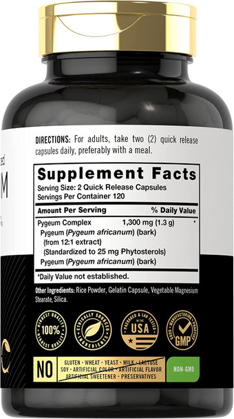 Pygeum Standardized 1300Mg | 240 Capsules | Non-Gmo, Gluten Free | Pygeum Africanum Bark Extract Supplement | By Carlyle