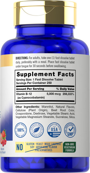 Carlyle Vitamin B12 5000Mcg | 250 Fast Dissolve Tablets | Natural Berry Flavor | Vegetarian, Non-Gmo, Gluten Free