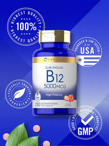 Carlyle Vitamin B12 5000Mcg | 250 Fast Dissolve Tablets | Natural Berry Flavor | Vegetarian, Non-Gmo, Gluten Free