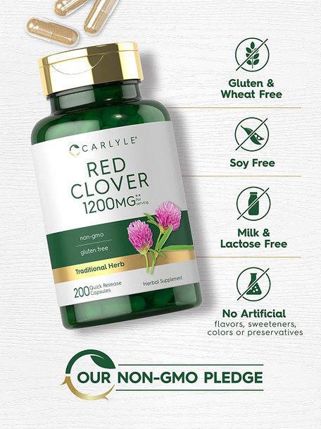 Carlyle Red Clover Capsules 1200Mg | 200 Count | Non-Gmo, Gluten Free | Red Clover Blossom Extract Supplement