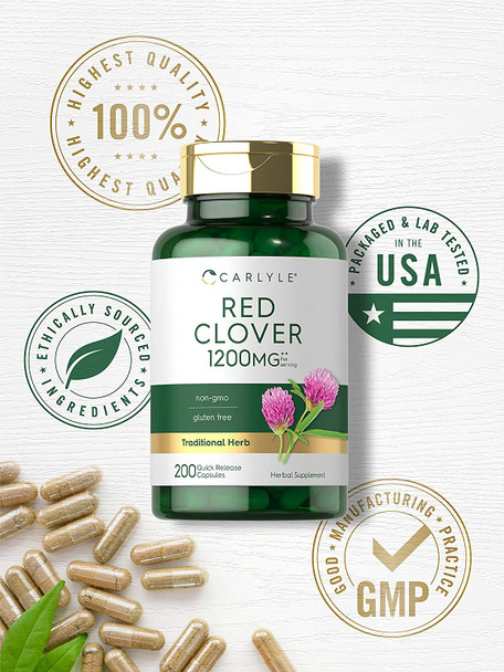 Carlyle Red Clover Capsules 1200Mg | 200 Count | Non-Gmo, Gluten Free | Red Clover Blossom Extract Supplement