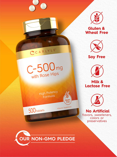 Carlyle Vitamin C With Rose Hips 500Mg | 500 Tablets | High Potency Formula | Vegetarian, Non-Gmo And Gluten Free Supplement