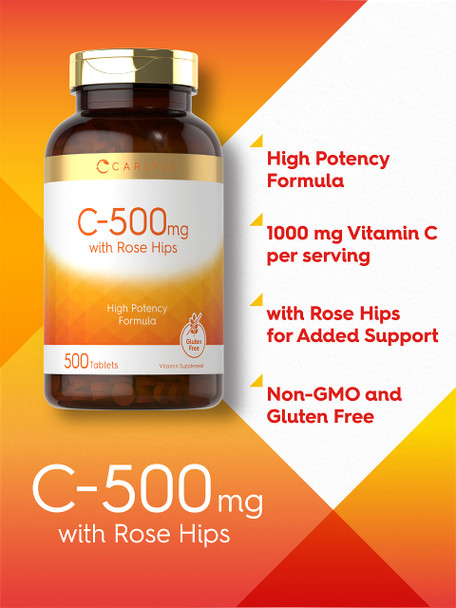Carlyle Vitamin C With Rose Hips 500Mg | 500 Tablets | High Potency Formula | Vegetarian, Non-Gmo And Gluten Free Supplement