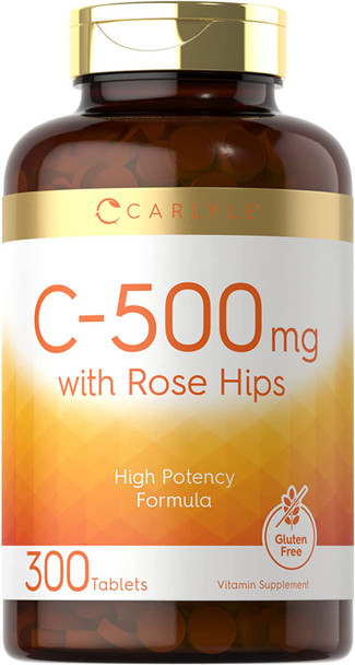 Carlyle Vitamin C with Rose Hips | 500mg | 300 Tablets | Vegetarian, Non-GMO, and Gluten Free Supplement | High Potency Formula