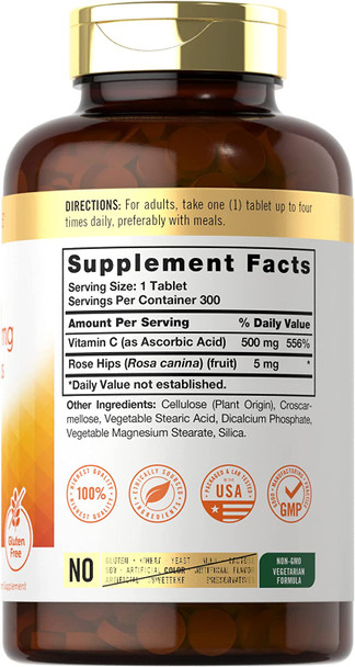 Carlyle Vitamin C with Rose Hips | 500mg | 300 Tablets | Vegetarian, Non-GMO, and Gluten Free Supplement | High Potency Formula