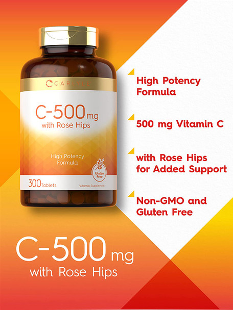 Carlyle Vitamin C with Rose Hips | 500mg | 300 Tablets | Vegetarian, Non-GMO, and Gluten Free Supplement | High Potency Formula