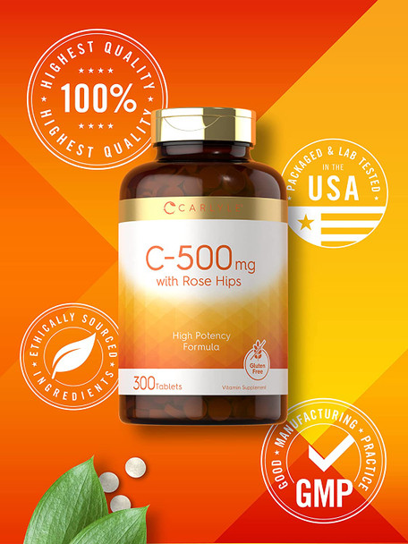 Carlyle Vitamin C with Rose Hips | 500mg | 300 Tablets | Vegetarian, Non-GMO, and Gluten Free Supplement | High Potency Formula