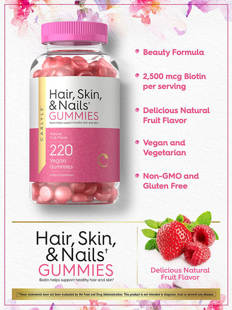Carlyle Hair, Skin and Nails Gummies | 220 Count | Fruit Flavor Gummy Vitamins | with Biotin | Non-GMO, Vegan, Gluten Free