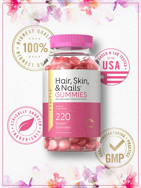 Carlyle Hair, Skin and Nails Gummies | 220 Count | Fruit Flavor Gummy Vitamins | with Biotin | Non-GMO, Vegan, Gluten Free