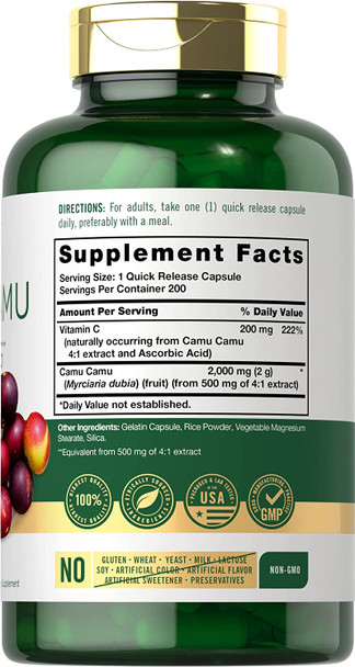 Carlyle Camu Camu Capsules 2000mg | 200 Count | with Vitamin C | Non-GMO, Gluten Free