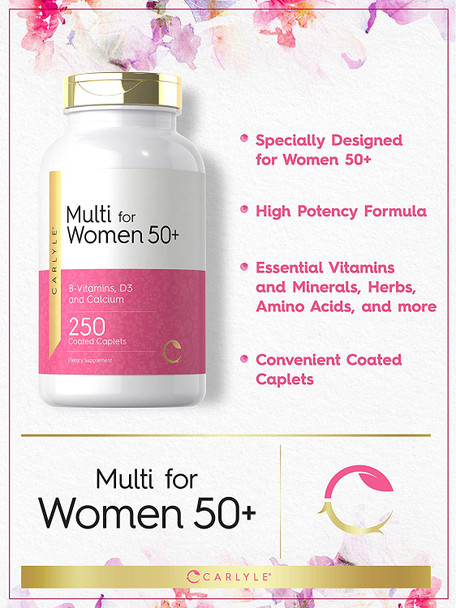 Carlyle Multivitamin for Women 50 and Over | 250 Caplets | Iron Free | with B-Vitamins, D3, and Calcium | for Women 50 Plus | Gluten Free