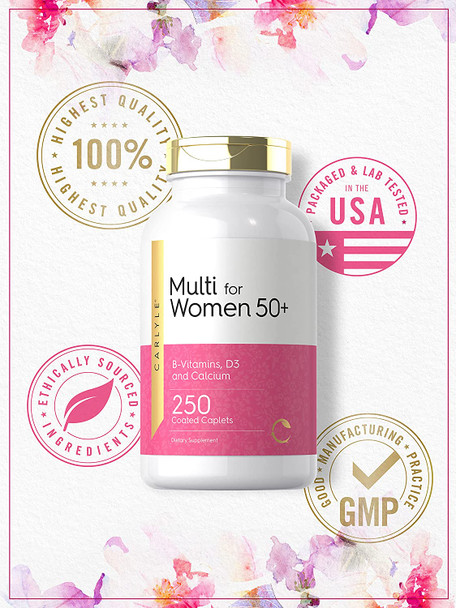 Carlyle Multivitamin for Women 50 and Over | 250 Caplets | Iron Free | with B-Vitamins, D3, and Calcium | for Women 50 Plus | Gluten Free