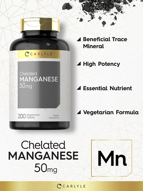 Chelated Manganese | 200 Tablets | Vegetarian, Non-Gmo, Gluten Free Supplement | By Carlyle
