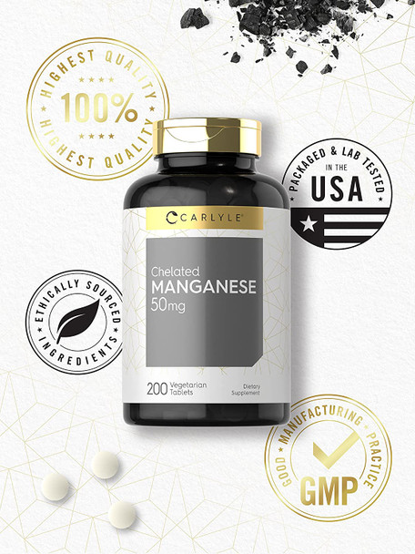 Chelated Manganese | 200 Tablets | Vegetarian, Non-Gmo, Gluten Free Supplement | By Carlyle