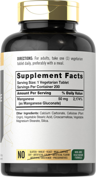 Chelated Manganese | 200 Tablets | Vegetarian, Non-Gmo, Gluten Free Supplement | By Carlyle