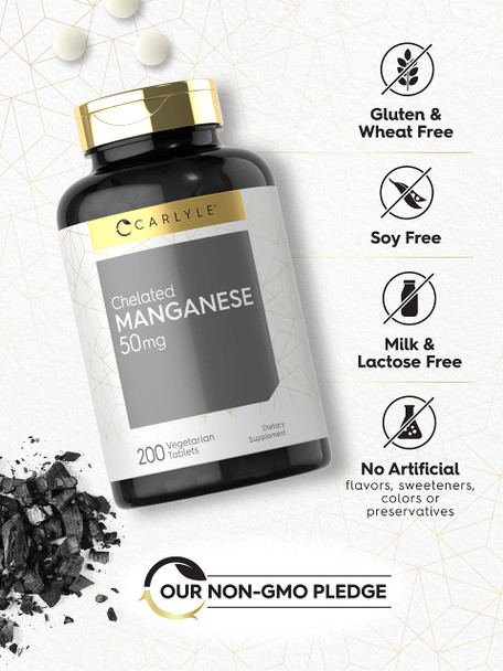 Chelated Manganese | 200 Tablets | Vegetarian, Non-Gmo, Gluten Free Supplement | By Carlyle